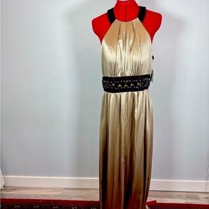 Marc Bouwer Glamti 100 % Silk Beaded Full length Zip Back Halter dress Size 10